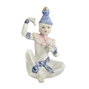 Vintage Ceramic Thai Dancing Buddha Figurine with Iridescent Enamel and blue